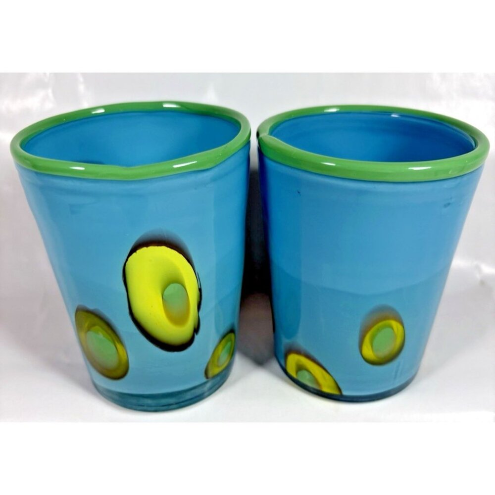 Stretched Abstract Milliefiori Green Modern Art Blown Teal Glass Drinking Pair